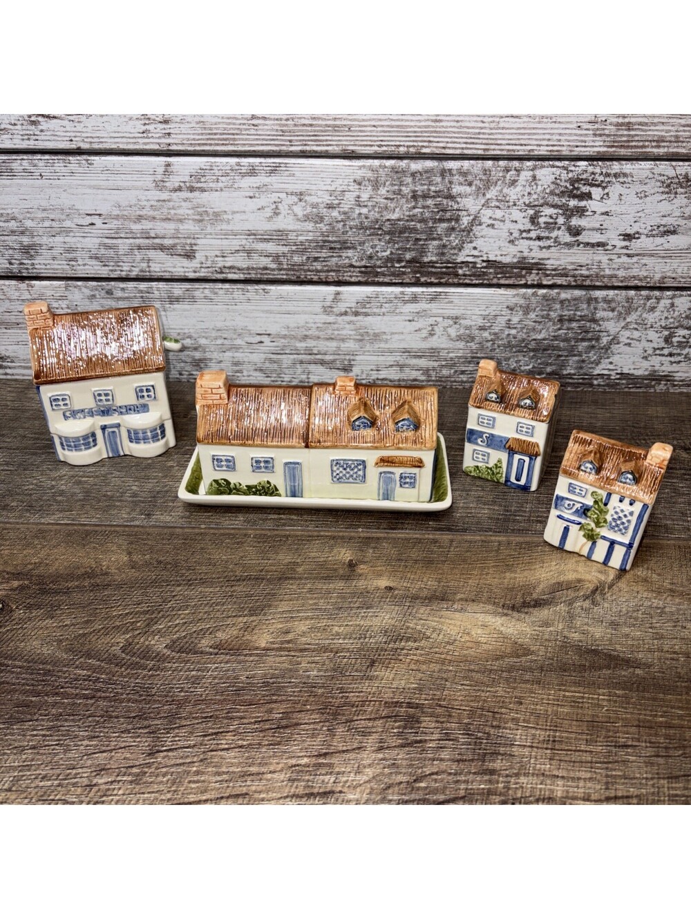 VTG Haldon Grp 4 Pc Ceramic Cottagecore Salt Pepper Shakers, Sugar, Butter Dish